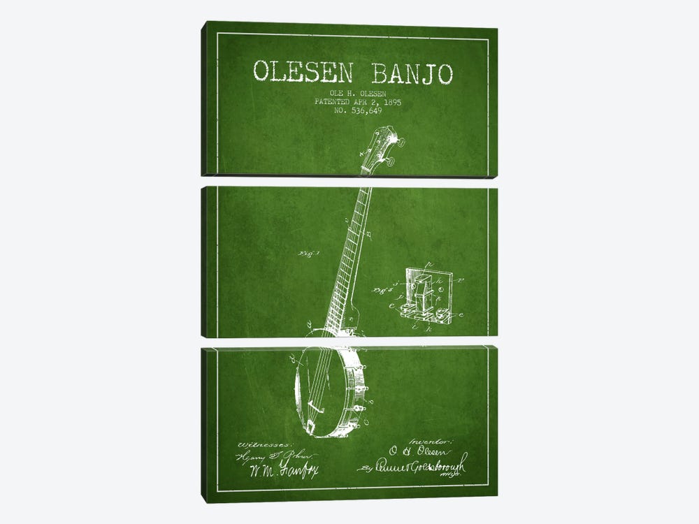 Olesen Banjo Green Patent Blueprint by Aged Pixel 3-piece Canvas Artwork