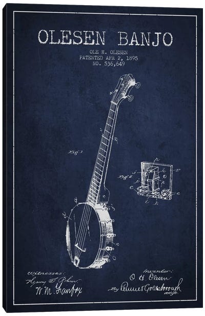 Olesen Banjo Navy Blue Patent Blueprint Canvas Art Print - Guitar Art