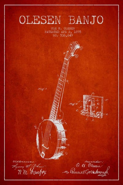 Olesen Banjo Red Patent Blueprint by Aged Pixel metal wall art