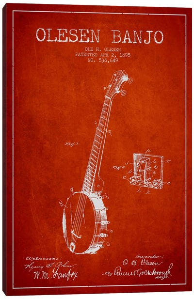 Olesen Banjo Red Patent Blueprint Canvas Art Print - Aged Pixel: Music