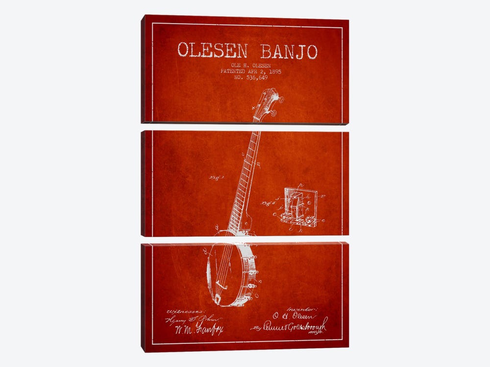 Olesen Banjo Red Patent Blueprint by Aged Pixel 3-piece Canvas Art