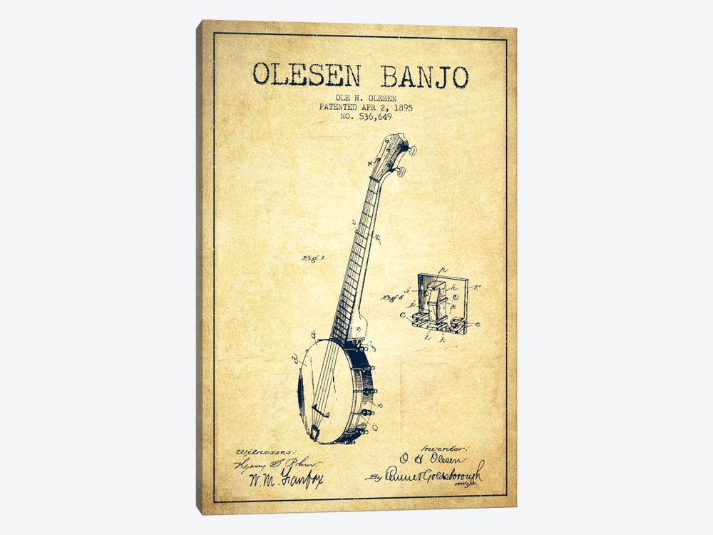 Olesen Banjo Vintage Patent Blueprint by Aged Pixel 1-piece Canvas Art Print