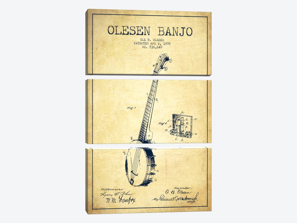 Olesen Banjo Vintage Patent Blueprint by Aged Pixel 3-piece Canvas Print