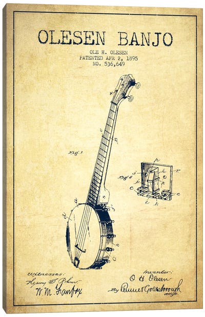Olesen Banjo Vintage Patent Blueprint Canvas Art Print - Guitar Art