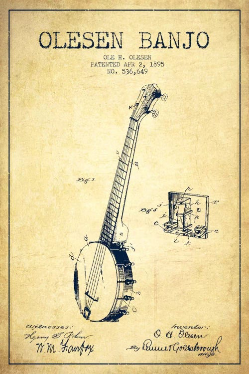 Olesen Banjo Vintage Patent Blueprint by Aged Pixel wall art