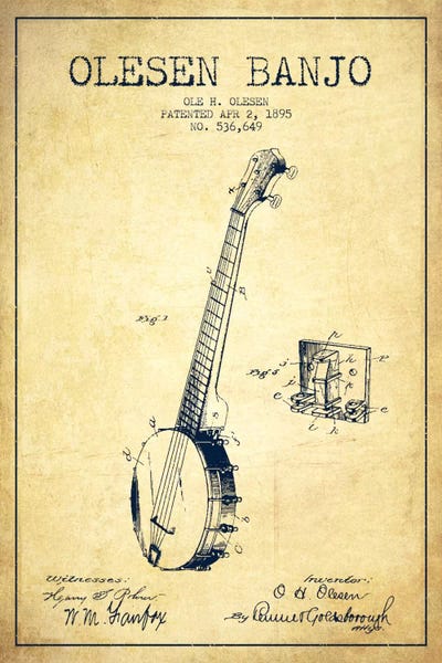 Music Blueprints: Olesen Banjo Vintage Patent Blueprint by Aged Pixel