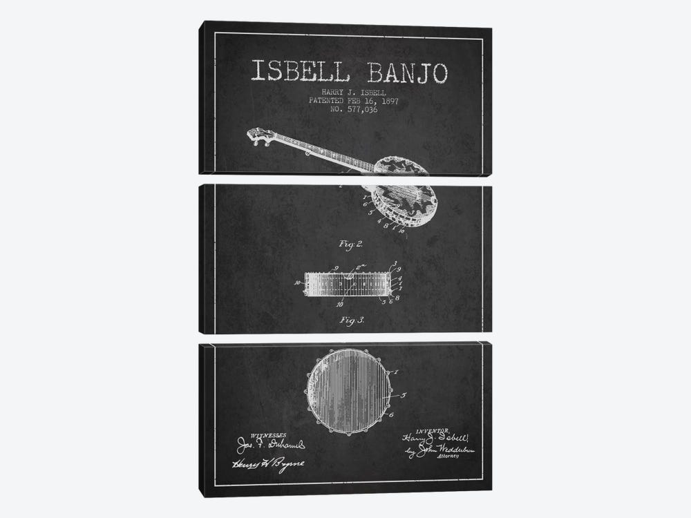Isebell Banjo Charcoal Patent Blueprint by Aged Pixel 3-piece Canvas Art