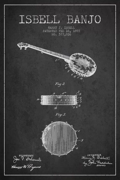 Music Blueprints: Isebell Banjo Charcoal Patent Blueprint by Aged Pixel
