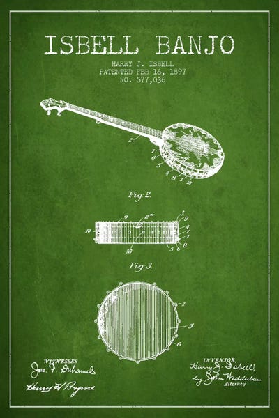 Isebell Banjo Green Patent Blueprint by Aged Pixel metal wall art