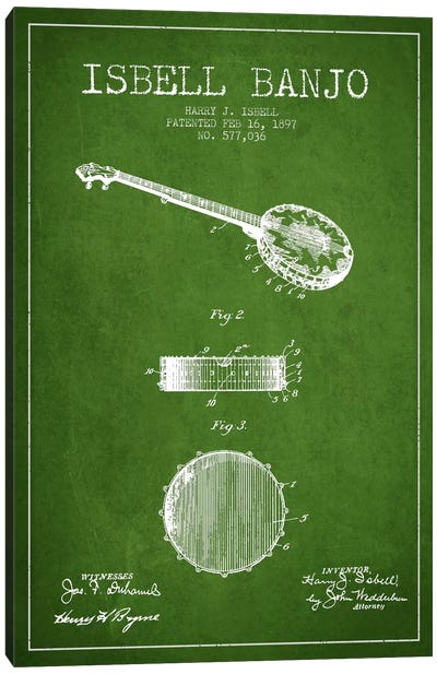 Isebell Banjo Green Patent Blueprint Canvas Art Print - Aged Pixel: Music