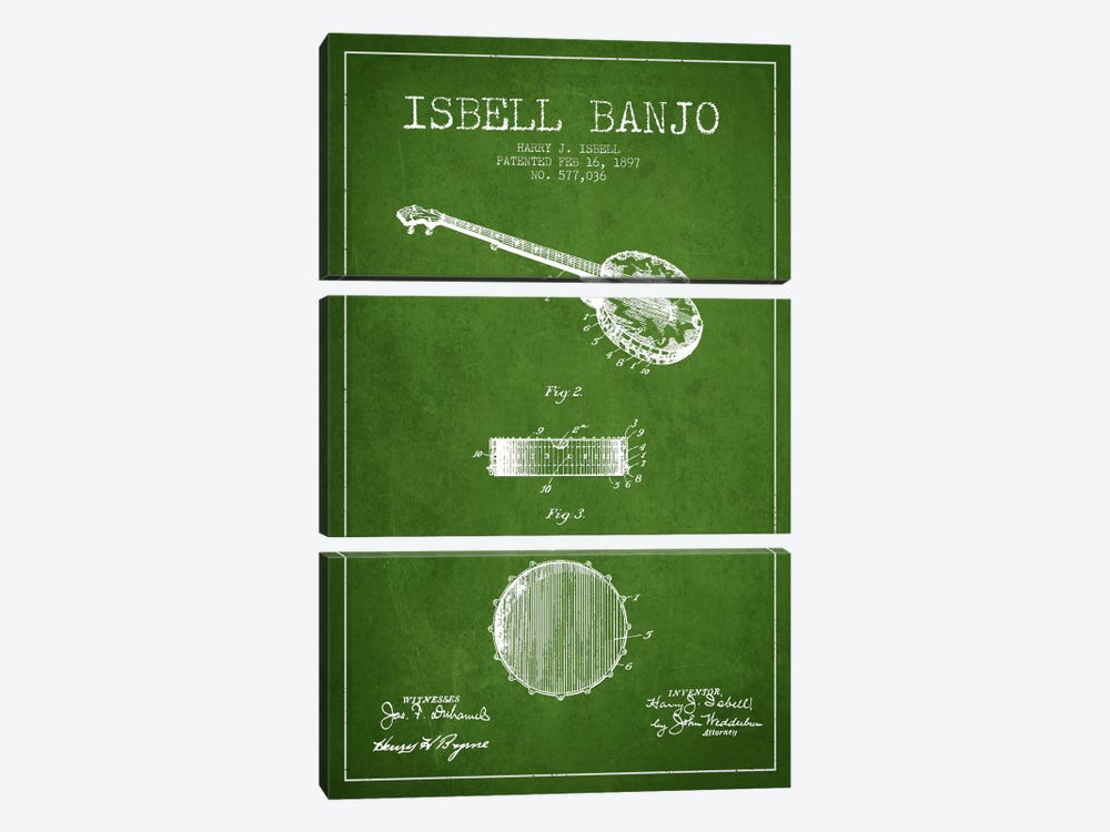 Isebell Banjo Green Patent Blueprint by Aged Pixel 3-piece Canvas Wall Art