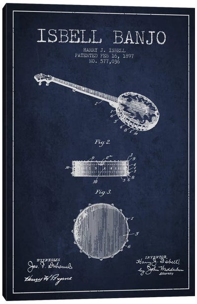 Isebell Banjo Navy Blue Patent Blueprint Canvas Art Print - Music Blueprints