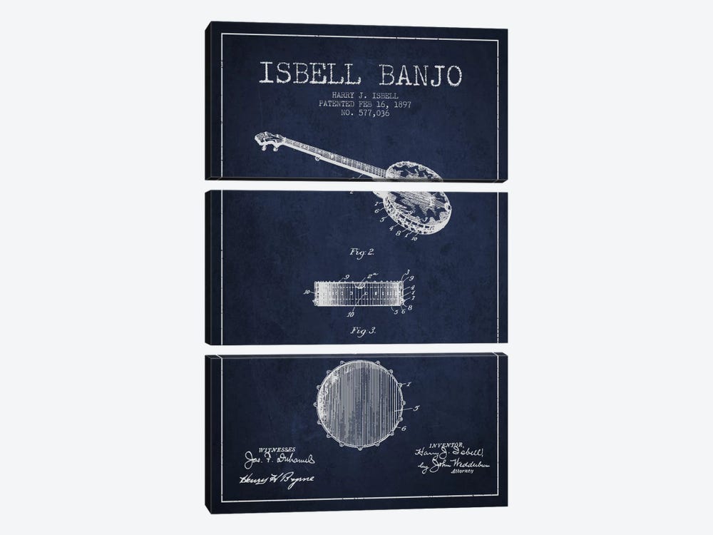 Isebell Banjo Navy Blue Patent Blueprint by Aged Pixel 3-piece Canvas Print