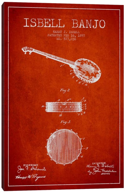 Isebell Banjo Red Patent Blueprint Canvas Art Print - Musical Instrument Art