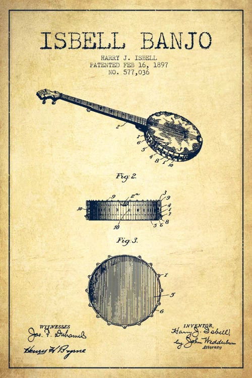 Isebell Banjo Vintage Patent Blueprint by Aged Pixel wall art