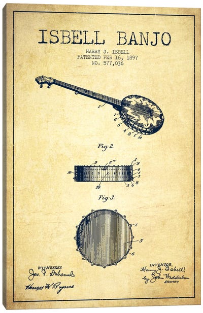 Isebell Banjo Vintage Patent Blueprint Canvas Art Print - Aged Pixel: Music