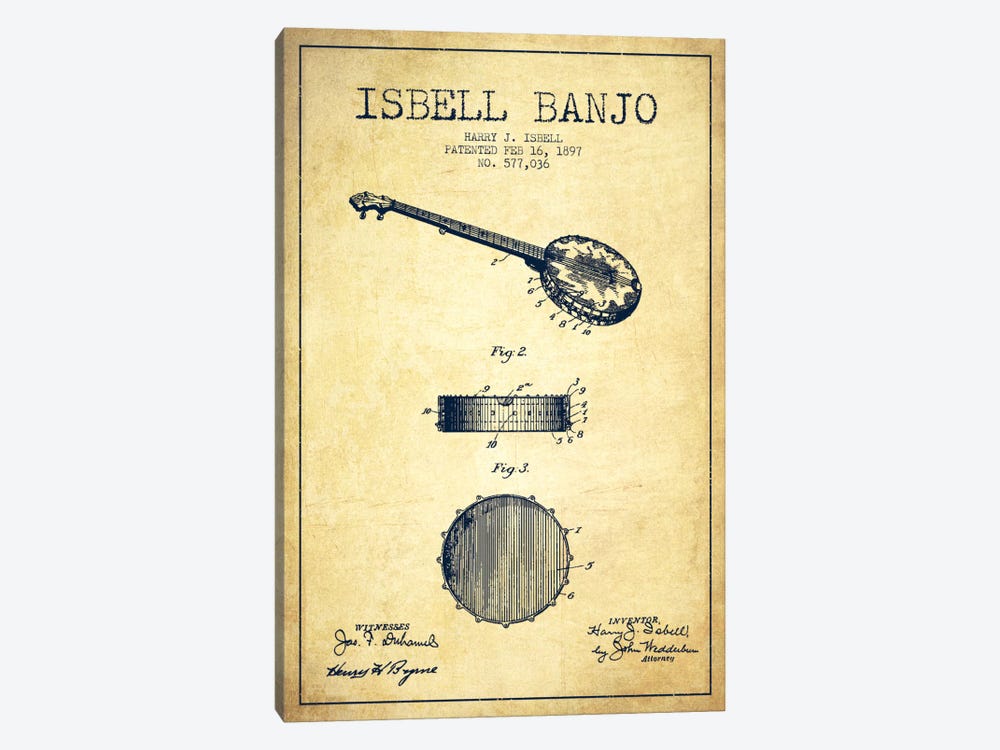 Isebell Banjo Vintage Patent Blueprint by Aged Pixel 1-piece Art Print