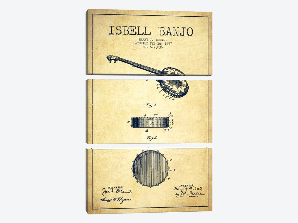 Isebell Banjo Vintage Patent Blueprint by Aged Pixel 3-piece Canvas Art Print