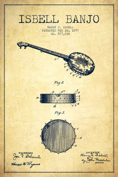 Music Blueprints: Isebell Banjo Vintage Patent Blueprint by Aged Pixel