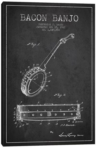 Bacon Banjo Charcoal Patent Blueprint Canvas Art Print - Aged Pixel: Music