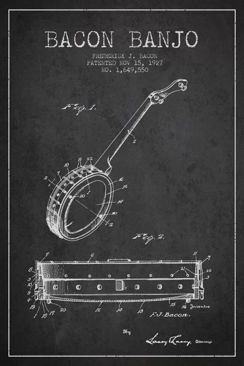 Bacon Banjo Charcoal Patent Blueprint