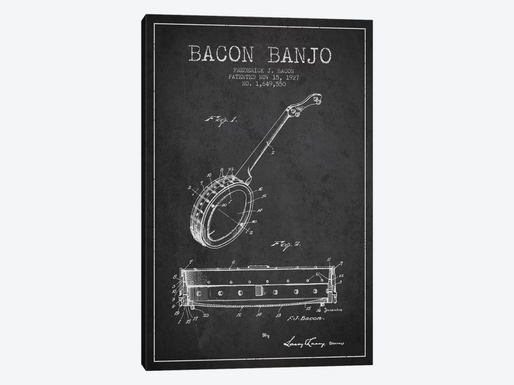 Bacon Banjo Charcoal Patent Blueprint by Aged Pixel 1-piece Canvas Wall Art