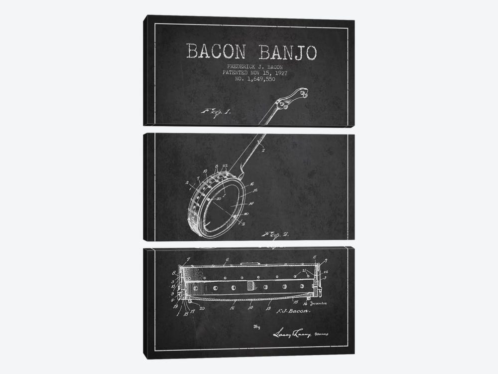 Bacon Banjo Charcoal Patent Blueprint by Aged Pixel 3-piece Canvas Artwork