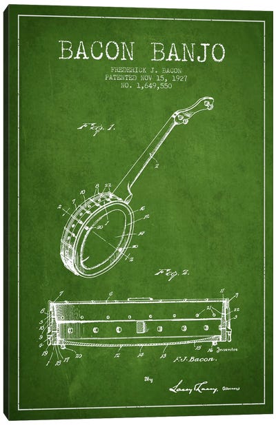 Bacon Banjo Green Patent Blueprint Canvas Art Print - Music Blueprints