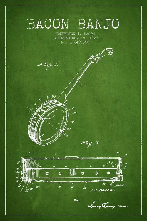 Bacon Banjo Green Patent Blueprint by Aged Pixel wall art