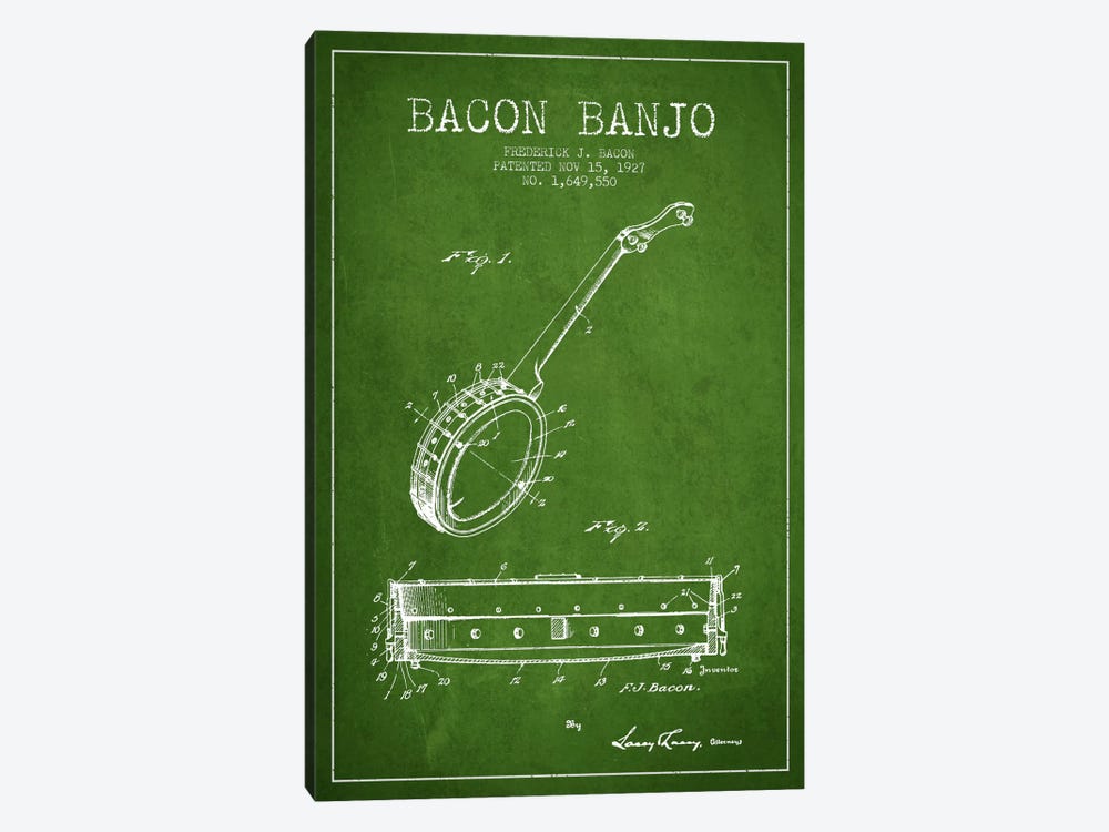 Bacon Banjo Green Patent Blueprint by Aged Pixel 1-piece Canvas Art Print