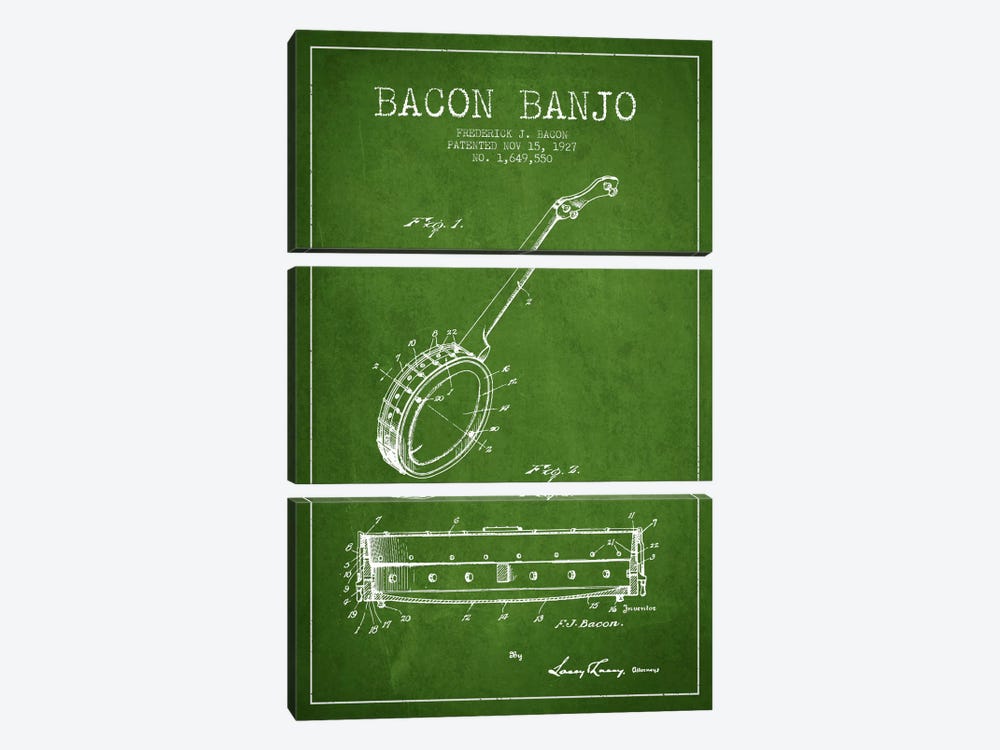 Bacon Banjo Green Patent Blueprint by Aged Pixel 3-piece Canvas Art Print