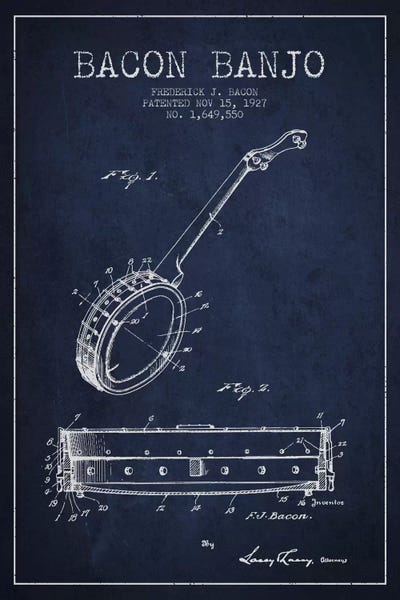 Bacon Banjo Navy Blue Patent Blueprint by Aged Pixel metal wall art