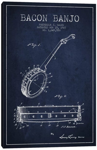 Bacon Banjo Navy Blue Patent Blueprint Canvas Art Print - Aged Pixel: Music