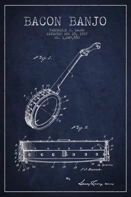 Bacon Banjo Navy Blue Patent Blueprint by Aged Pixel wall art
