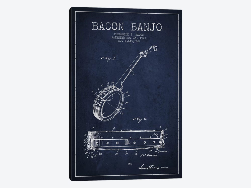 Bacon Banjo Navy Blue Patent Blueprint by Aged Pixel 1-piece Canvas Art