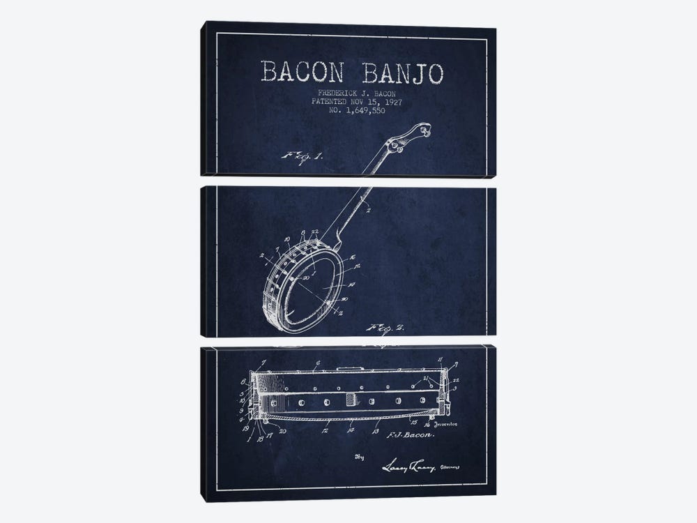 Bacon Banjo Navy Blue Patent Blueprint by Aged Pixel 3-piece Canvas Wall Art