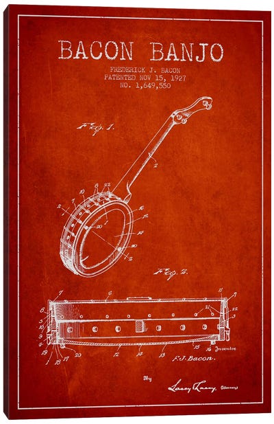 Bacon Banjo Red Patent Blueprint Canvas Art Print - Music Blueprints