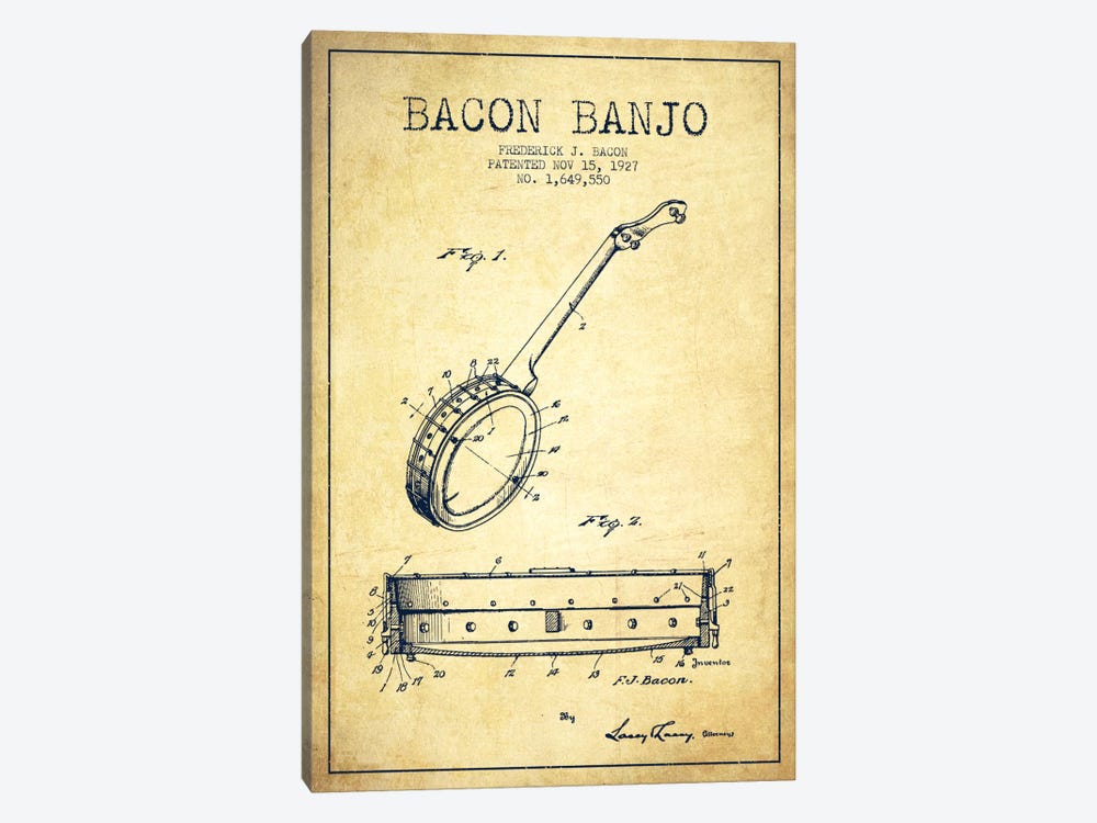 Bacon Banjo Vintage Patent Blueprint by Aged Pixel 1-piece Canvas Artwork