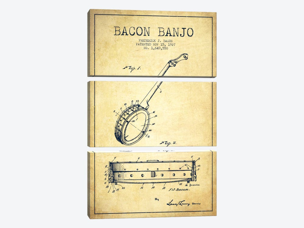 Bacon Banjo Vintage Patent Blueprint by Aged Pixel 3-piece Canvas Art