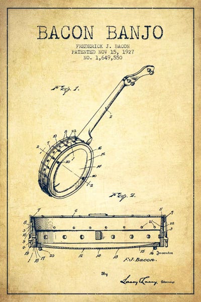 Music Blueprints: Bacon Banjo Vintage Patent Blueprint by Aged Pixel