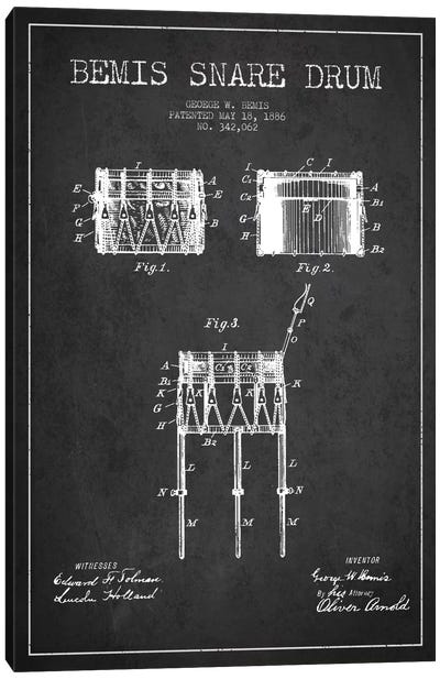 Bemis Drum Charcoal Patent Blueprint Canvas Art Print - Aged Pixel: Music