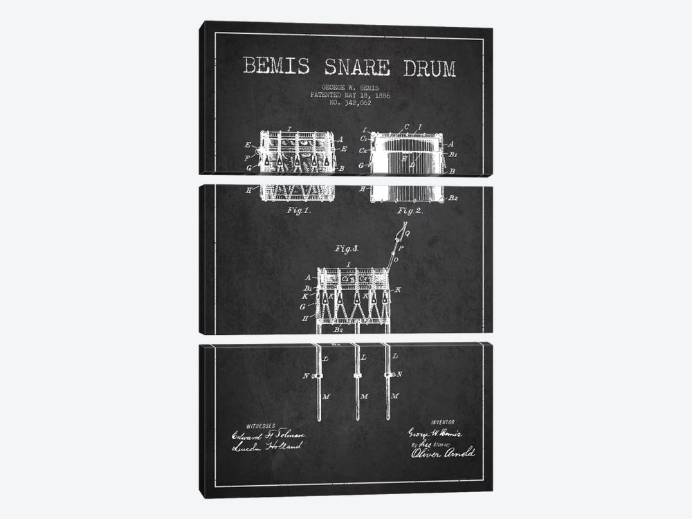 Bemis Drum Charcoal Patent Blueprint by Aged Pixel 3-piece Canvas Print