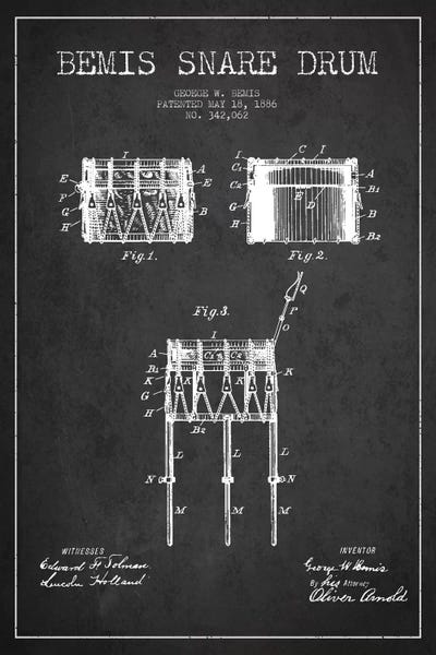 Music Blueprints: Bemis Drum Charcoal Patent Blueprint by Aged Pixel