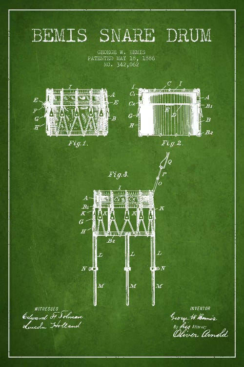 Bemis Drum Green Patent Blueprint by Aged Pixel wall art
