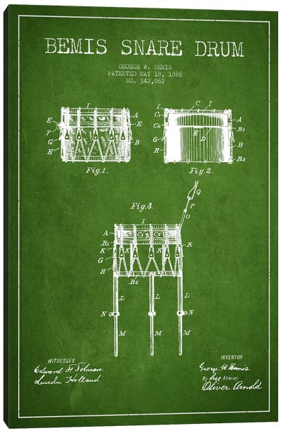 Bemis Drum Green Patent Blueprint Canvas Art Print - Drums Art