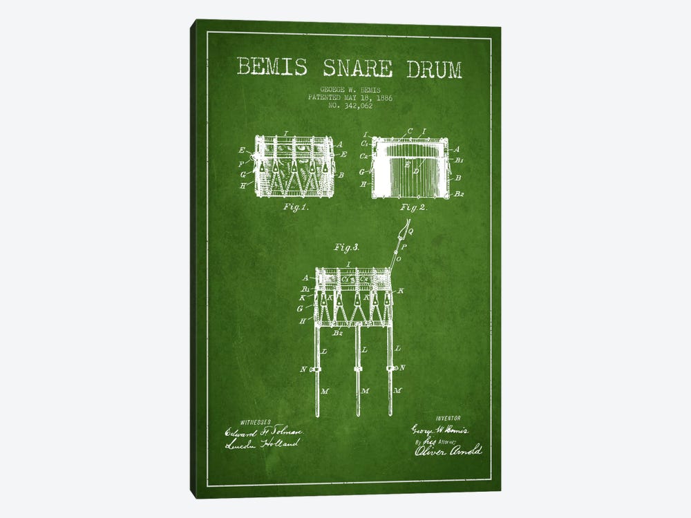 Bemis Drum Green Patent Blueprint by Aged Pixel 1-piece Canvas Print