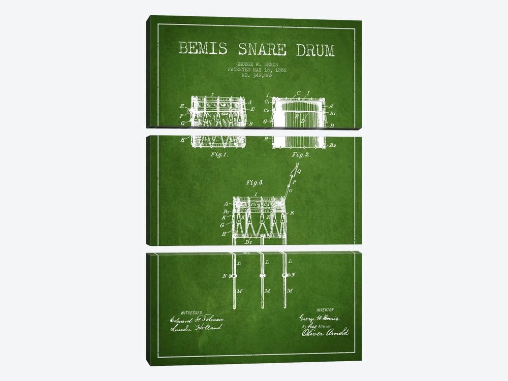 Bemis Drum Green Patent Blueprint by Aged Pixel 3-piece Canvas Print