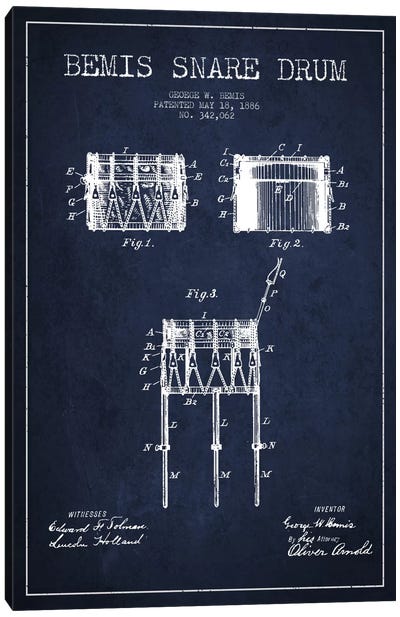 Bemis Drum Navy Blue Patent Blueprint Canvas Art Print - Musical Instrument Art