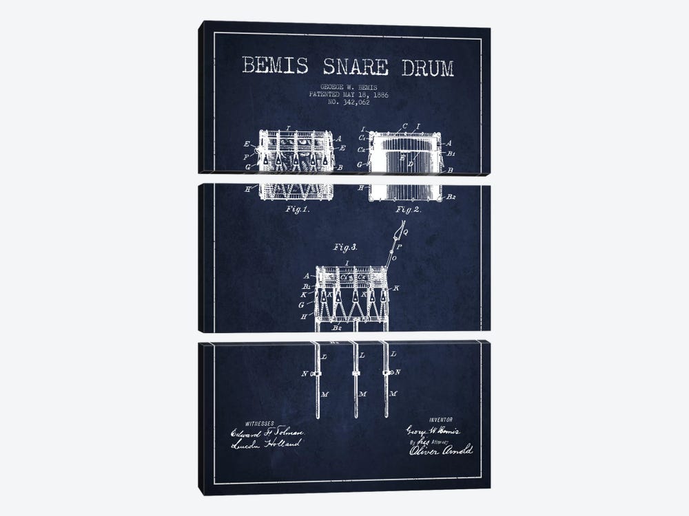 Bemis Drum Navy Blue Patent Blueprint by Aged Pixel 3-piece Canvas Artwork