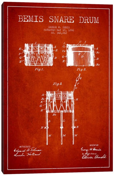 Bemis Drum Red Patent Blueprint Canvas Art Print - Aged Pixel: Music